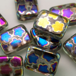 Clear Peacock Oblong 15x19mm Pressed Czech Glass Bead
